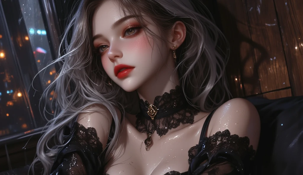 1girl, sunglasses, solo, hat, lipstick, red lips, long white hair, dress, plunging neckline, makeup, monochrome, white background, earrings, cleavage, jewelry, upper body, spot color, hair over shoulder,dark theme,shiny,shiny skin,milf,(mature japanese female:1.2),
