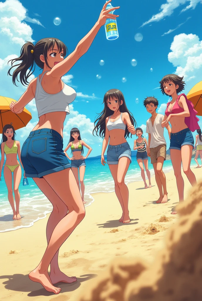 ((beachBalljump cute　Nudist))、 beautiful legs、Badly torn clothes are scattered around、Unstable buoyant dust storm、Amazing dynamism、great angle、fun、Group selfie