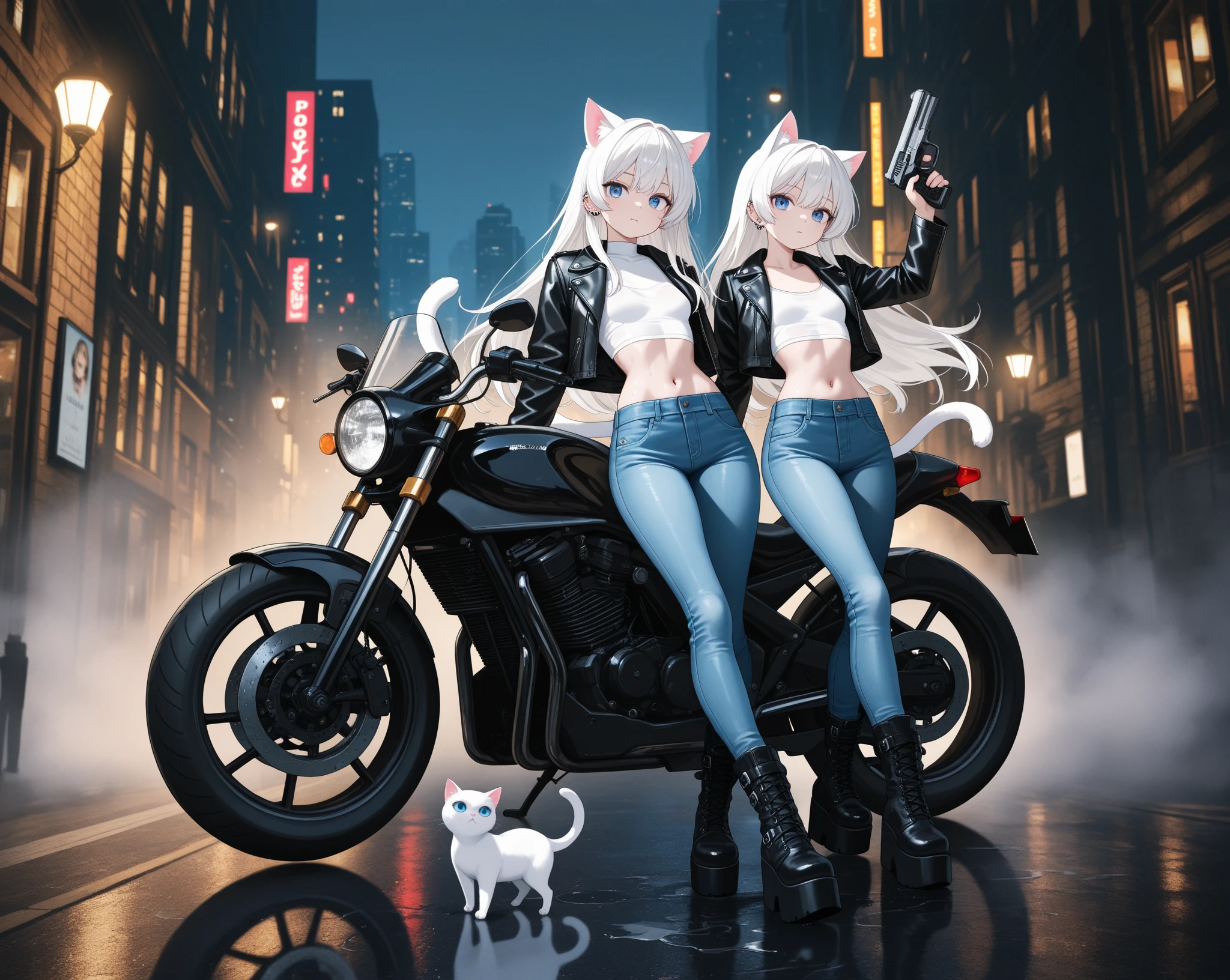 Motorcycle loli double ponytail white hair,short skirt