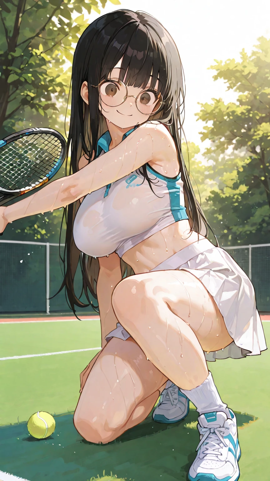 gyaru,nsfw, glamorous, voluptuous, stand,smiling ((tennis wear,))black hair