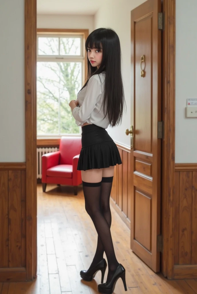 (8k RAW Photo, full body photograph, sharp detail, crisp detail, high detail, 17 years old girl, medium breast, ideal body, full body photograph), anya geraldine, anya_geraldine, (naked, nude, on a crowded school stair), (unbuttoning her white long sleeve shirt, lifting her black skirt, tie, long black socks, black shoes, showing pussy, showing nipples), temptating students,