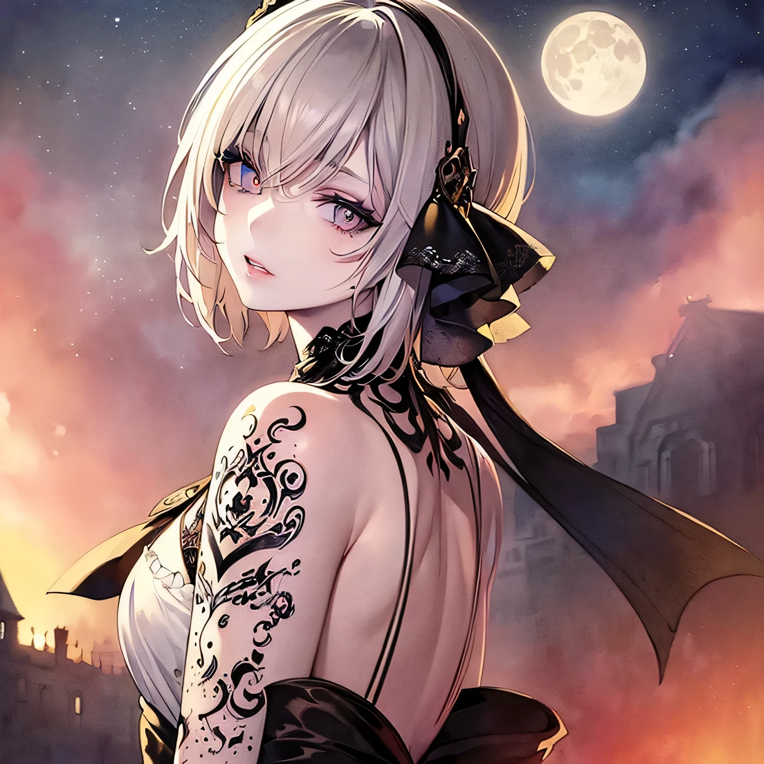 watercolor painting, (moonlit), 2b, nier automata, nude, harness, strap, bare breasts, exposed, pale skin, small breasts , petite, full body, wavy hair, ornate, by artist christophe young and by artist ilya kuvshinov
