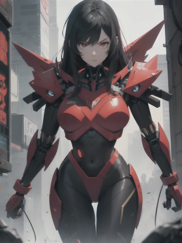 masterpiece, best quality, extremely detailed, 1girl, milf, solo, (tall:1.3), (colored skin, white skin:2), Banshee, (huge breasts:1.6), ((((black hair), very long hair, black sclera, aqua eyes, pointy ears))), red lips, (((mechanical bodysuit, black bodysuit))), ((seductive smile), closed mouth), ((destroyed buildings))