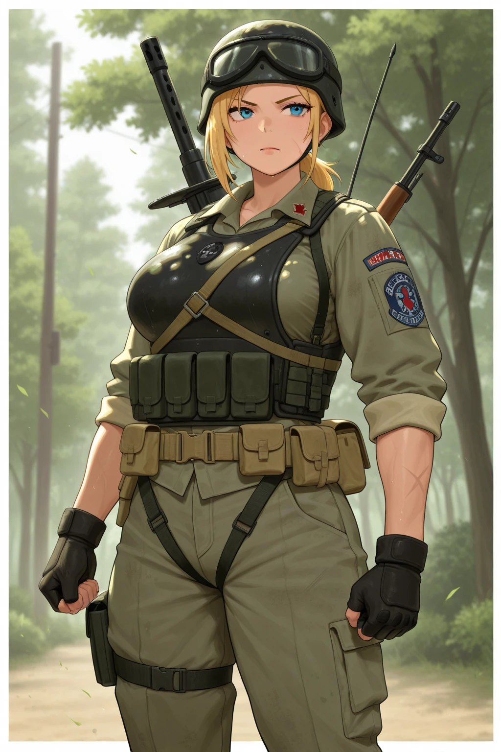 bootsnutes, <lora:bootsnutes3:0.6>, shirt tucked in, green shirt, t-shirt, camouflage pants, black belt, belt buckle, outdoors, 1girl, forest, night, large breasts, wide hips