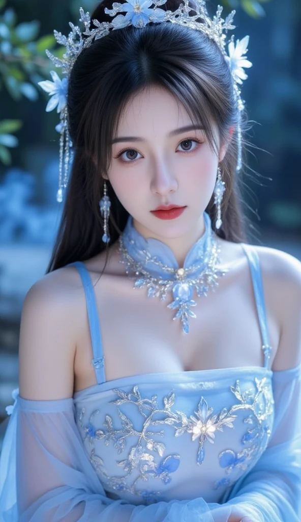 High-quality work，Realistic works，Super premium graphics，8K HD CG works，high quality graphics，High-definition and exquisite CG works，10x pixels，Ultra-fine details：1.1，Advanced technical details：1.1Realistic photo effects，Interior lighting effects：1.5，natural soft light：1.5. Light effect（Virtual light effects：1.8），ultra high resolution，shining dress，sliver long hair，silber hair，transparenthair，high detailed hair（Quality hair details：1.1）Clear eyes，Double eyelids look good，Sharp eye makeup, Create exquisite eyelash makeup, tthin eyebrows, Ultra-detailed eyes，a tall nose, lovely red lips, rosey cheeks, With delicate makeup on her face , pretty face, The face shape is perfectly proportioned,（Advanced facial details：1.1）a close up of a woman in a blue dress sitting on a table, bright blue shiny lingerie, elegant glamourous cosplay, costume with blue accents, japanese goddess, anime girl cosplay, ornate cosplay, oriental fantasy, gorgeous chinese model, wearing shiny breastplate, a beautiful fantasy empress, anime cosplay, full body xianxia, cosplay, glamourous cosplay，Women's artwork，Dress full body video，Realism，Amazing Cleavage，My eyes are very bright today

