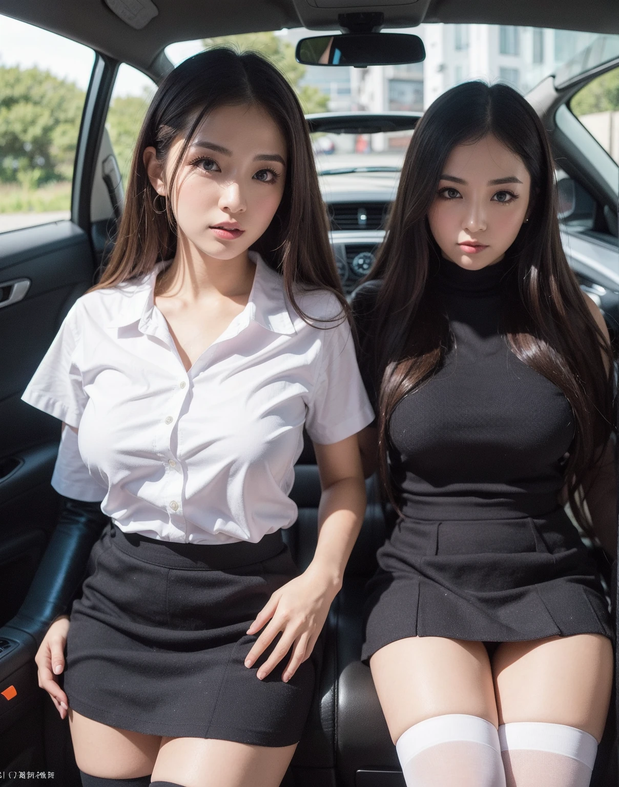 (16k, RAW photos, top quality, masterpiece: 1.2), (realistic, photorealistic: 1.37), 1 girl, Japan girls, schoolgirls, blazer uniform, (((open legs)), sitting in a taxi, big, slender, crotch, big breasts full open legs, (round swing sexy mini skirt: 1.3), (white open shirt: 1.3), , See-through underwear, not wearing underwear