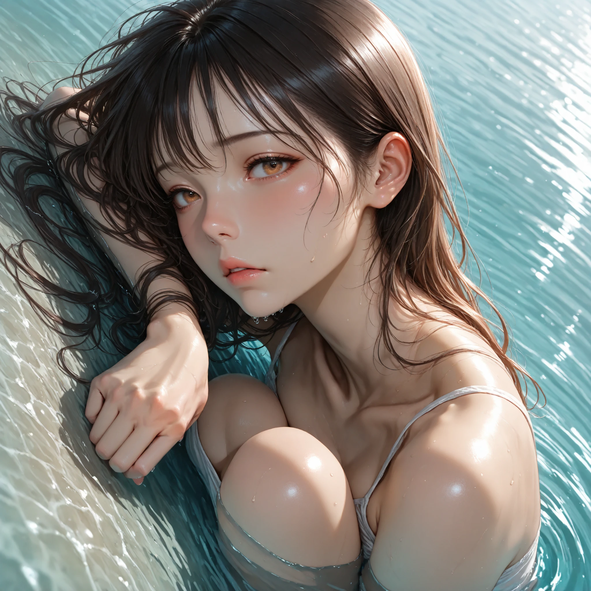 1fille, jeune, metis, portrait, Realstic, visage, whole body from head to toe, nudity, side lighting, wallpaper, wet,cheveux humide, spreading her legs open, very excited, ouvrant la bouche, tirant la langue, Cheveux courts, sous du slime, fond visqueux, fond gluant, Wet viscous tentacles wrap around her, Bubbles escape from his mouth, une pieuvre, une tentacule se glisse dans sa bouche,