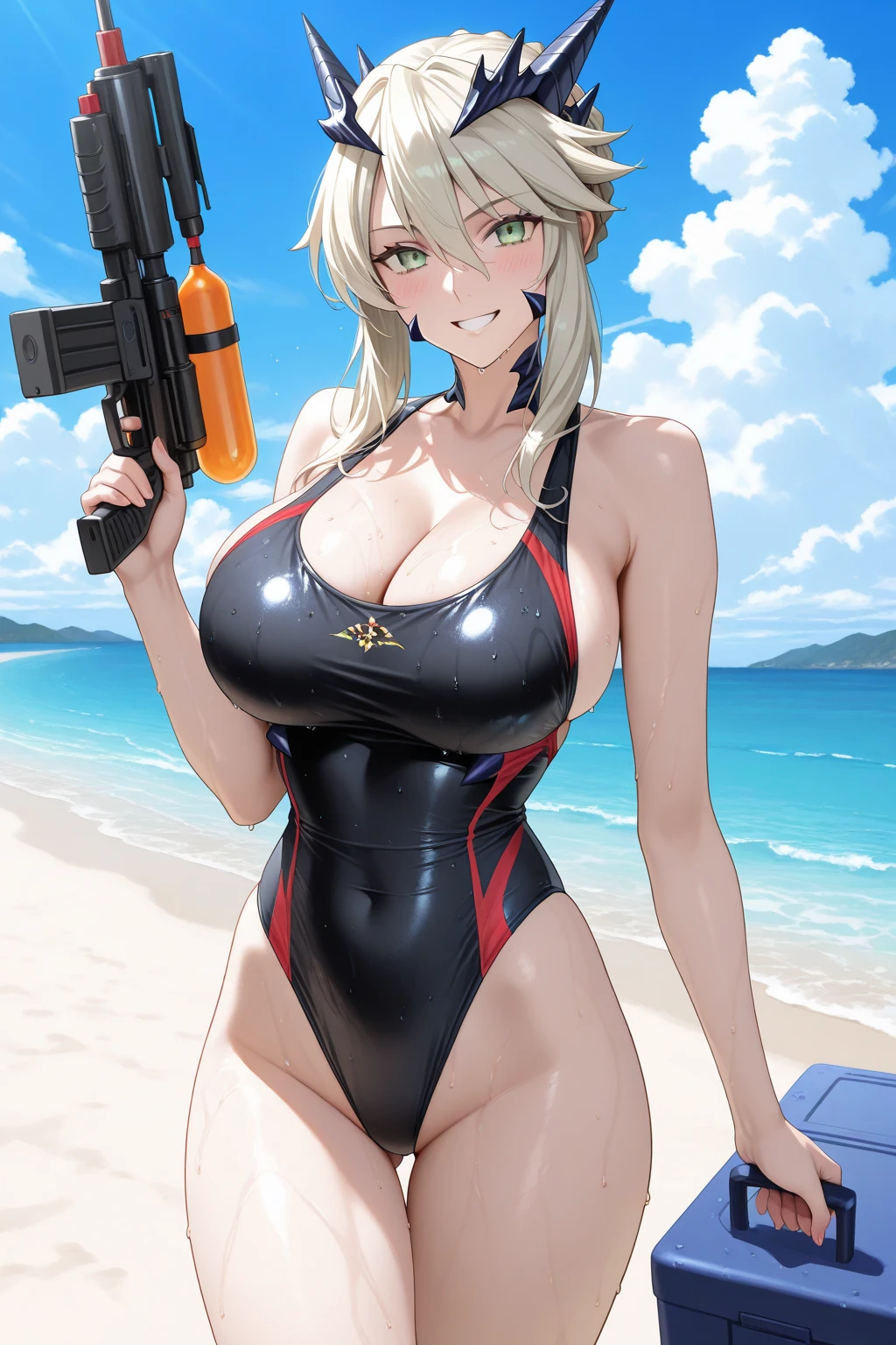 An extraordinary Kawai super spy with two guns angry face in a swimsuit super pretty 4k quality