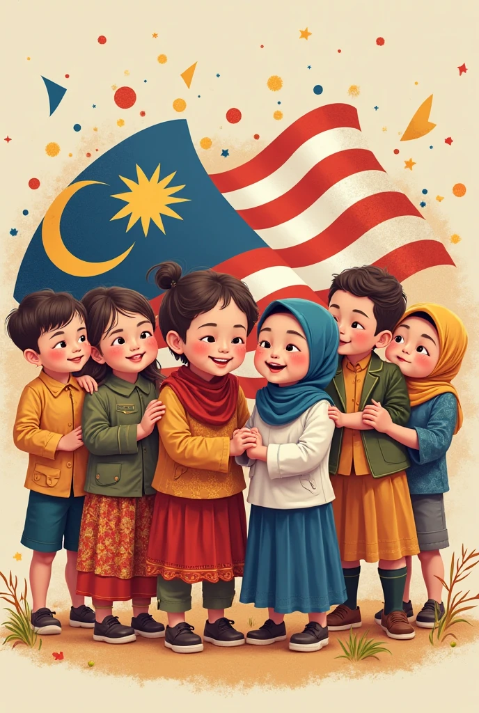 A hijabi 20 years old girl with sweet smile on her face waving Malaysian's flag proudly infront of her village's house