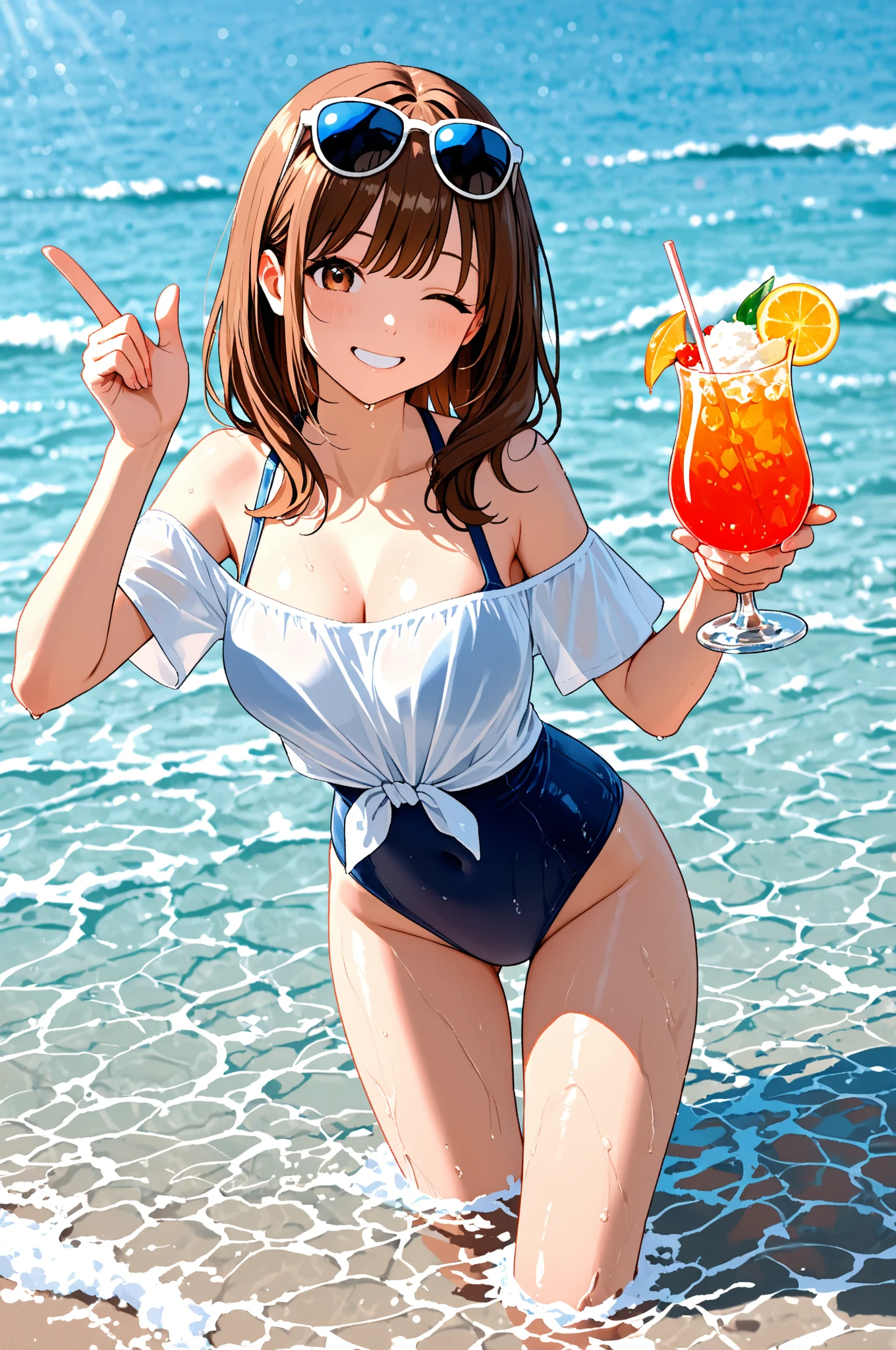 Highest quality,Highest Resolution,Sailor leotard(((2People and above)))A beautiful girl with a crying face,High leg,(((Tback))),Very beautiful eyes,Competition Pool,(((Holding a drink in your hand))),(((Open your mouth))),(((Dripping saliva))),sunny,blue sky,sweat profusely,Red tie,whole body,
