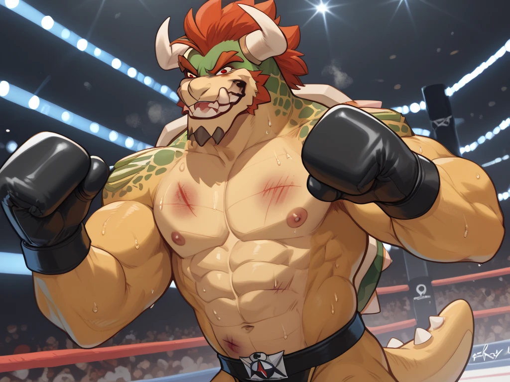 Duo male(Brown Kangaroo vs Green Gator, handsomes, Thick eyebrows), gay(Lying down, body on body, cuddling embraced, in a boxing match), hot(Shirtless), handsomes(They are handsomes, correct anatomy), musculosos(Big muscle bodies, Six packs, muscle abs, big pecs, muscle backs, muscle legs), sweaty(very sweaty wet bodies, shiny sweat), tatuajes(they have tattoos), Angry(Both have an angry expression, growling, steaming breath), Boxing gloves(They both are wearing red boxing gloves), Boxing shorts(They both are wearing boxing shorts), Hight resolution, by(Zourik:1.1), holding thigtly