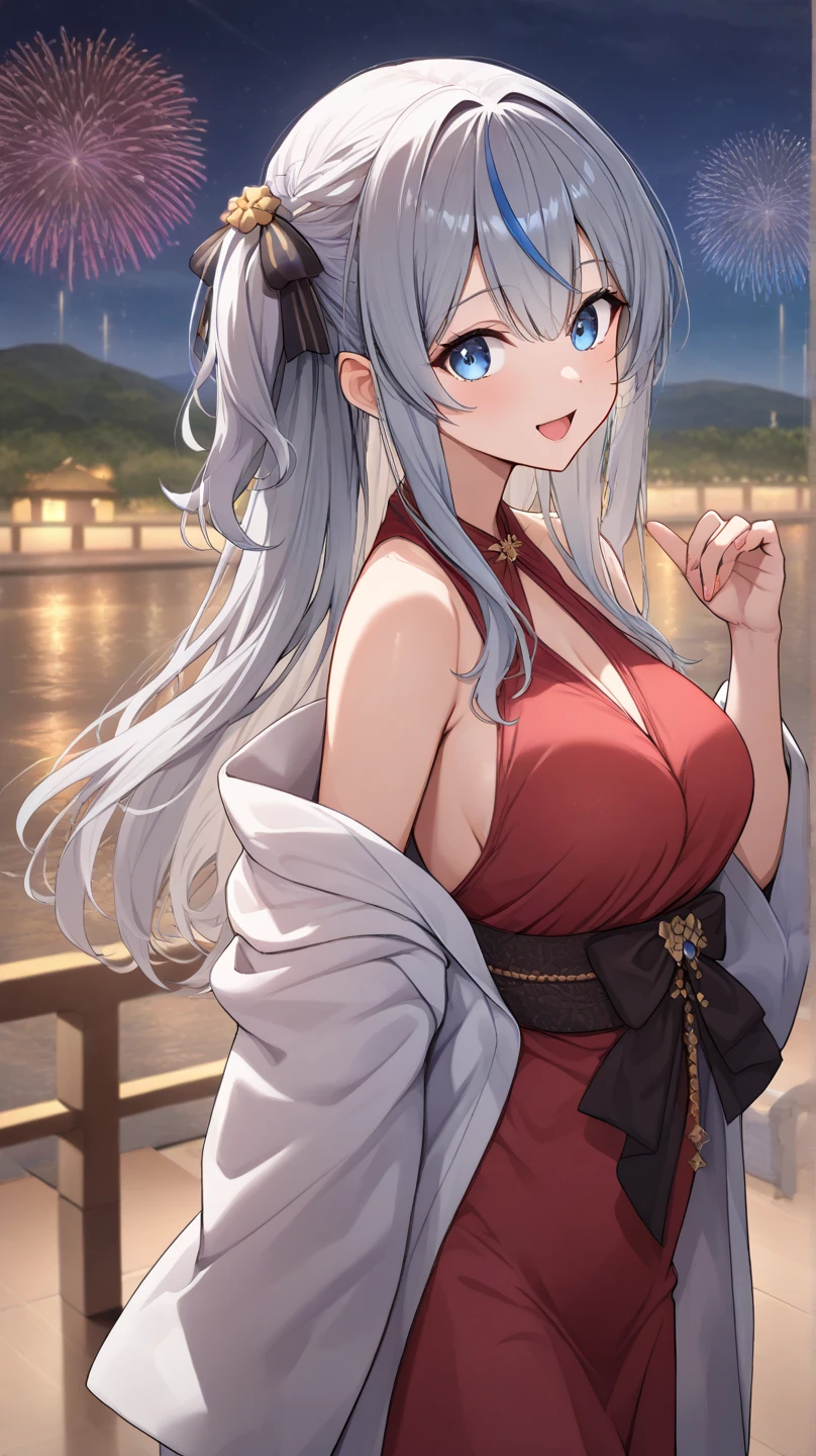 ultra-detailed, ((one girl)), (pale skin:1.4), hyper detailed, absurdres, 8K, fair skin, Beautiful Face, (Laugh shyly), ((teasing smile:1.8)), ((Wink:1.7)), (Laugh with your mouth wide open),((Tilt your head:1.6)), View your viewers, ((Bright red cheeks:1.6)),Glossy Red Lips, ((Big Breasts:1.5)), ((show off breast:1.4)), ((erect nipples)), night, Observation deck with ocean view, ((Anime style background)),masterpiece, Highest quality, so beautiful,Latest, Complex details, (Pink long nails), (nail art), (ring),(bracelet), (Floral Choker),AI-generated, Complex,High resolution, Highest quality, super high quality,3D Images、3D Images,One person,long white hair,(High Ponytail), (wavy hair:1.1), Anime woman posing for a photo, ((Fine grain、blue eyes、glowing eyes:1.4)), (Squint your eyes:1.1),a hyperRealistic , hyperRealistic , Realistic,Anime woman with long white, Smooth anime CG art, Girl in black kimono, Gold embroidery, ((black furisode)),(Large floral pattern) , ((undressing)),  Long flower hair ornament,Floral Earrings,Mature Body, tall,Abdominal muscles,Narrow waist,((leaning forward:1.5)), (front view),