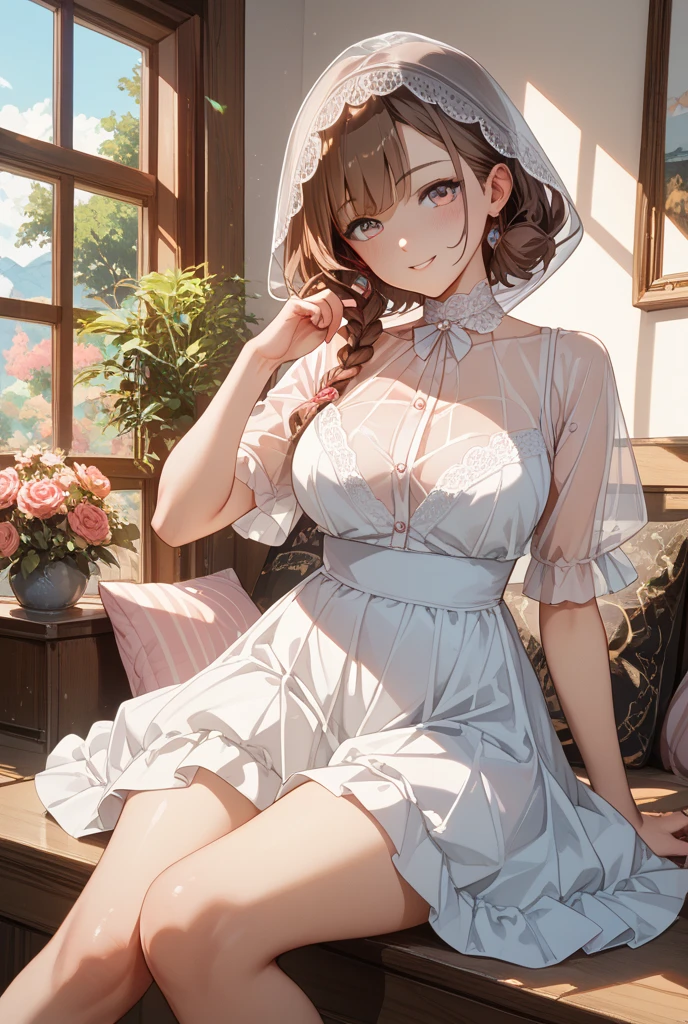 (masterpiece, best quality), 1girl, Brown Dutch Side Braid with Decorative Pins, Sizes I to L breasts, <lora:milkmaid_dress-v0.2:1> milkmaiddress