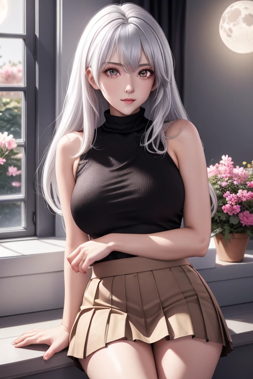 Beautiful silver hair woman is shown to have a sexy figure, she is wearing a sexy turtleneck sleeveless sweater and jeans, cozy look, blue eyes, girl in a coffee shop ,sexy session, sexy pose, cowboy shot, superior quality, many details, realistic