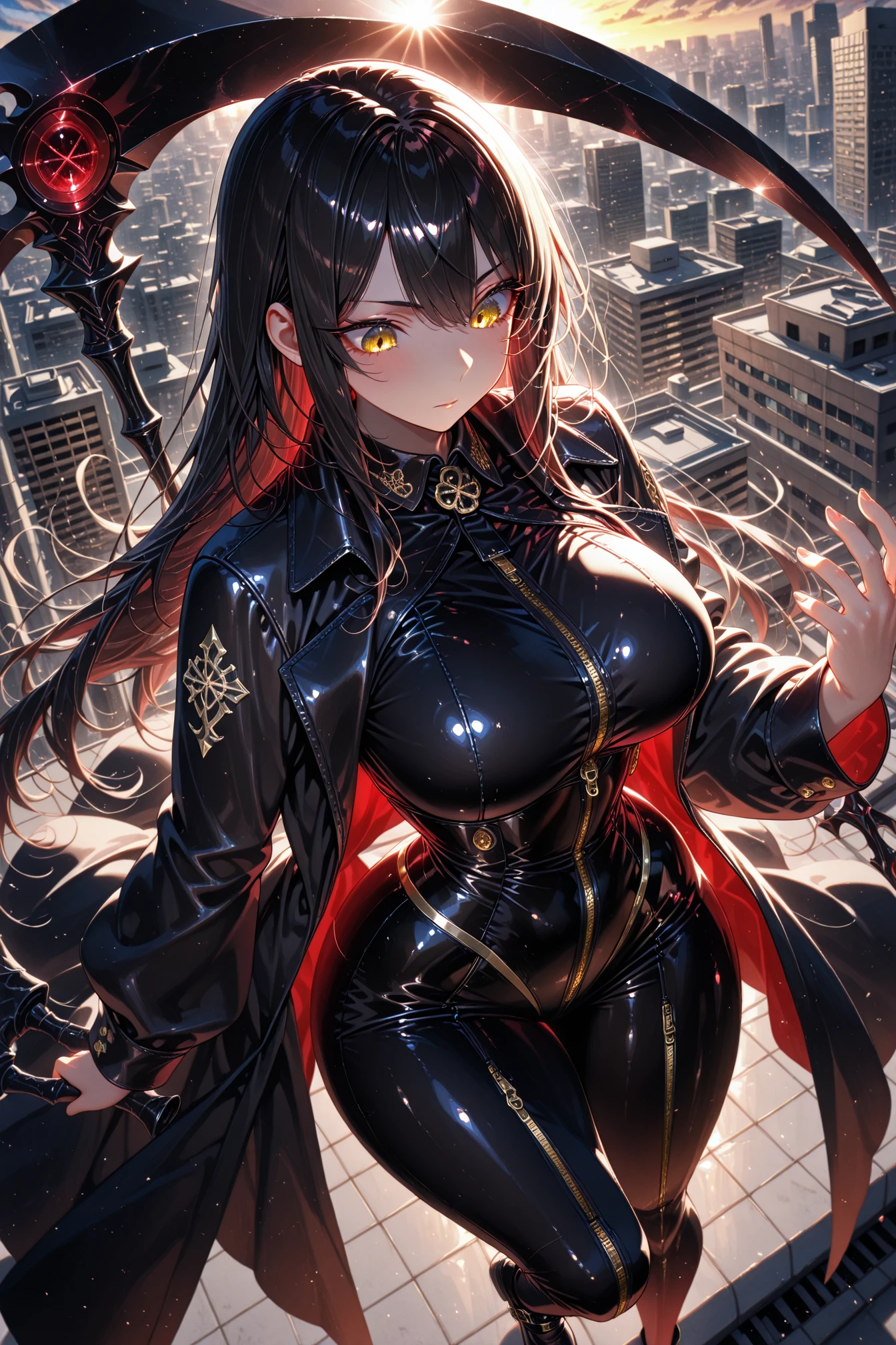 4K resolution,((Highest quality)),Ultra-high resolution,Adult women, alone, sexy, (Stern face), (Red eyes), Beautiful and symmetrical face, (Black irregular long hair), Black coat,Black suit pants,A mercenary woman,Realistic:1.4,Realistic:1.4,night,(masterpiece:1.2),Perfect Eyes,Perfect Eyes,Ample breasts,Beautiful thick legs,Holding a gun,In a dark warehouse,Curvy Body