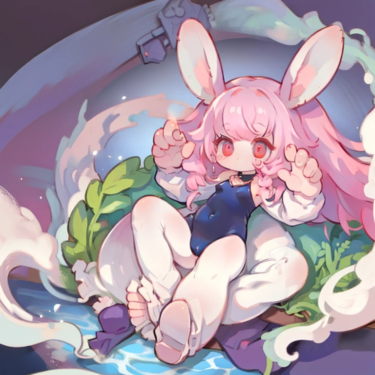Eroge illustration　Among the myriad tentacles　Bunny Girl in Lingerie　Small Girl　blushed　Tentacles restrained and open legs　The whole body gets wet　teats　Love juice drips　anguished expression　Tentacles entangled　The sheen　Pink background
