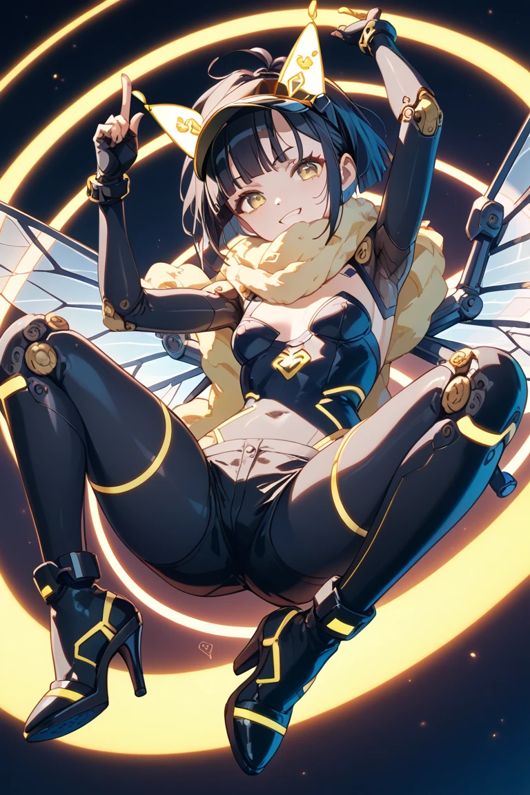 Black Hair、There is emerald in some of her hair.、Medium Hair、Blue Eyes、Robot Girl、Arms are mechanical、Legs are mechanical、Modest chest、The mechanical wings are floating、Cute smile、Human-like appearance、Extremely exposed、Exposed body parts other than nipples and female genitalia、The body line is clear、A place rich in nature、Looking this way。