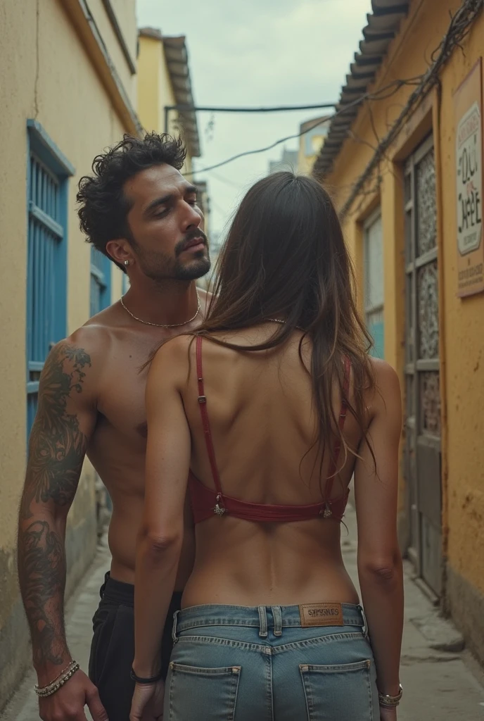 fund : favela
A couple is in the front and the guy is behind. One of his hands is on her neck and the other hand is going to have a gun. The guy has black hair. She has medium-length hair. She has light green eyes. He has dark green eyes. Both of them have white skin tones.
