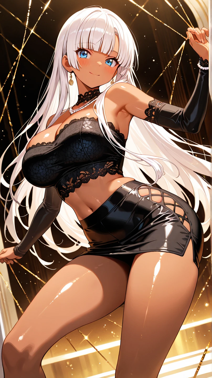 best quality, nsfw, extremely beautiful, beautiful face, long wavy white hair, Tanned skin, (Shiny skin : 1.3), gothgirl, big breasts, arousal pose, revealing dress