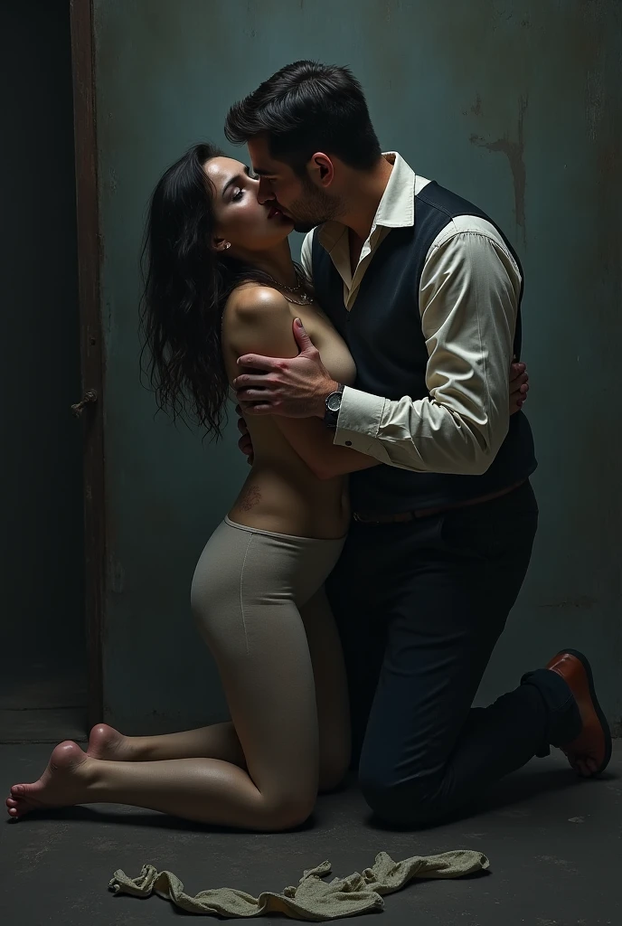 The man in his 45s with black very short hair and smooth face with moustache. The woman in her 45s with brown wavy long hair. They are naked. In the floor. The woman is sitting on the man's lap. The man is grabbing the woman's buttocks. They are lip to lip. They have sex. Orgasm. Night. Dim and dark environment. UHD. HDR. Cinematic.