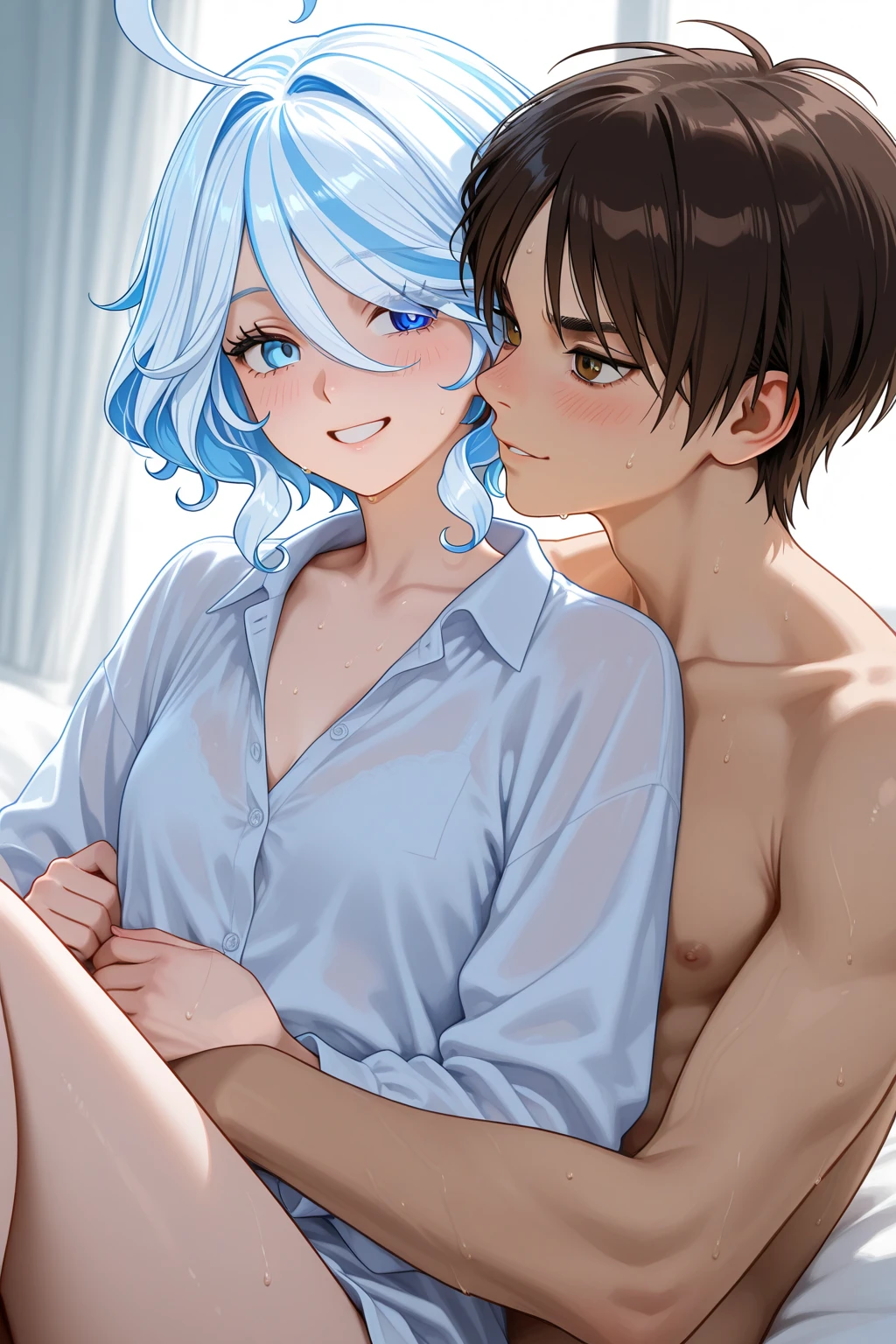 Mother and boy, silver hair, blue eyes, (nudity:1.3), blush nose, embarassed, spread legs, show off, ((milk on crotch)),having sex