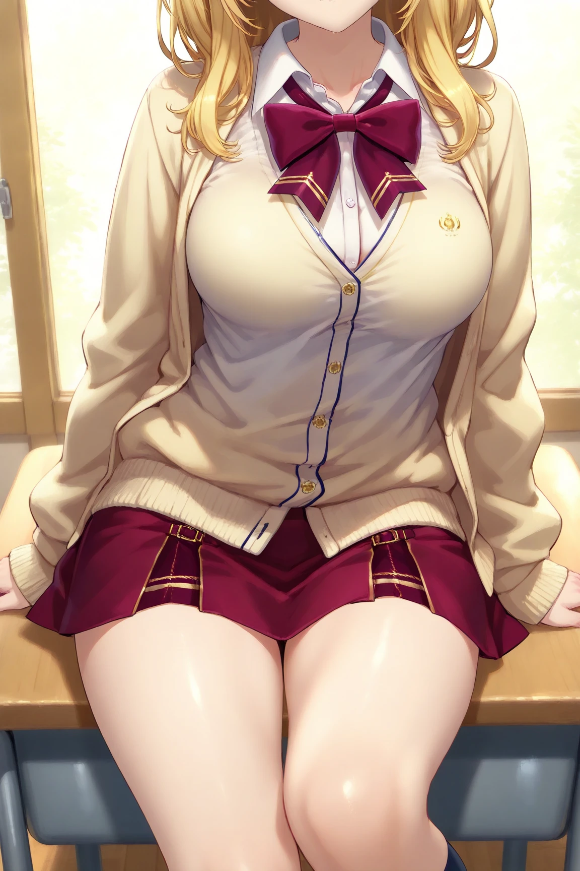 seductive anime girl, [ 4 k digital art ]!!,ultra realistic picture, overdetailed art, 8k high quality detailed art,curvy tanned gyaru,(tareme,thick lips:1.2),dress shirt,cardigan,school uniform,sidetail,pleated skirt,brown loafers,bow tie,blonde short wavy hair,(tanned skin:1.3),dark skin,loose socks,sweaty,close up,sitting,in classroom,(pubic hair),(pouting)