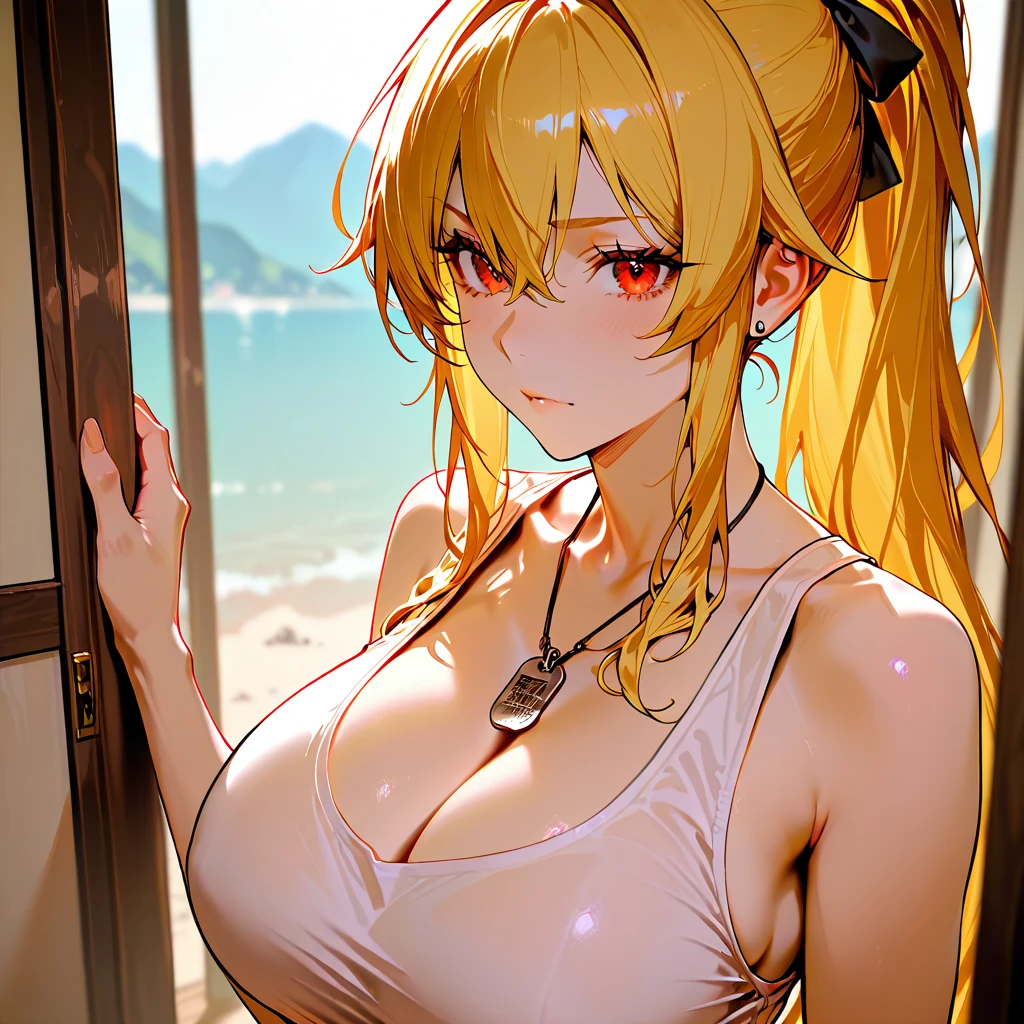 (Luminernd),masterpiece,huge breast, outdoors, looking at viewer, detail eyes, detail face, standing, smile, (front view:1.3), Yu Mei-Ren (Fate) Clothing, upper body shot