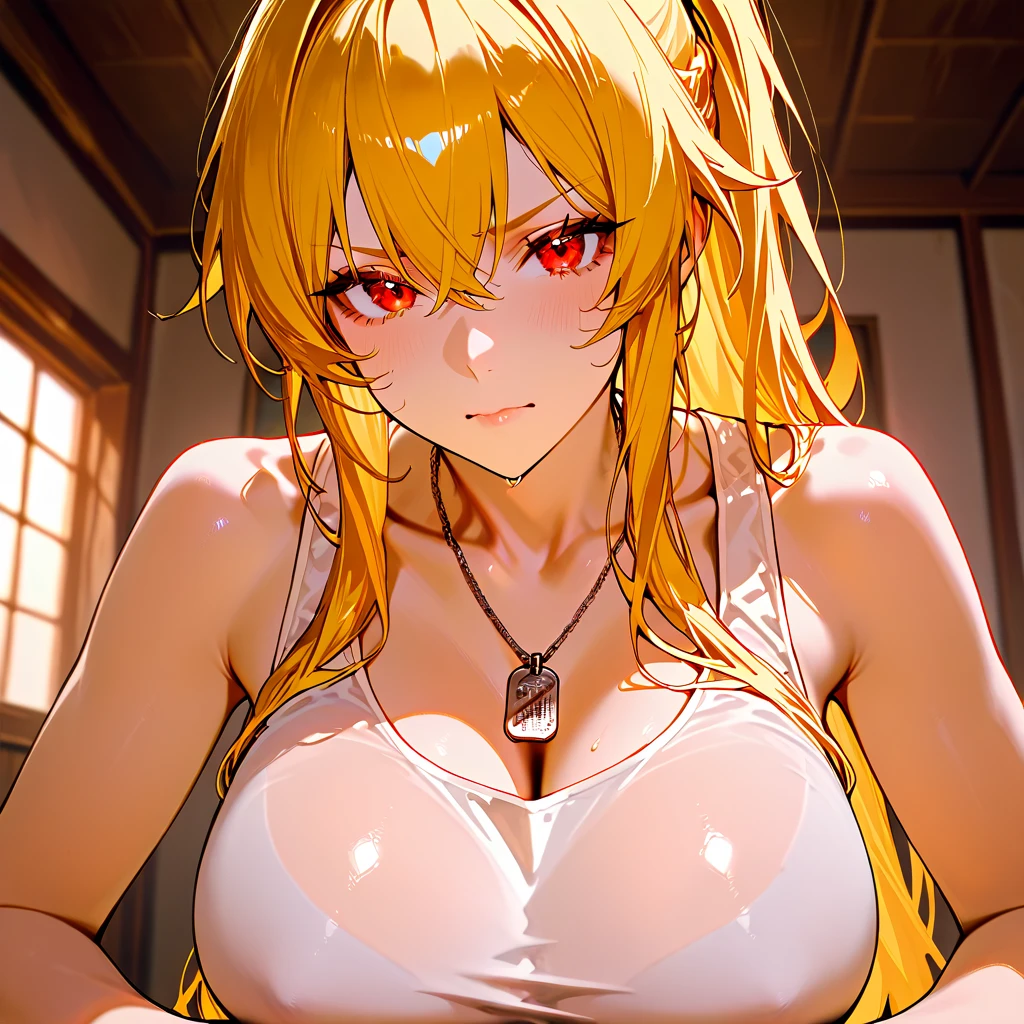 ((slim body, nude natural tits, pubic hair)), (best quality, high-res, ultra-detailed, semi-realistic), (pale blonde hair, glowing yellow eyes), beautiful body, (((queen marika))), horror aesthetic, (queen marika nsfw), elden ring porn