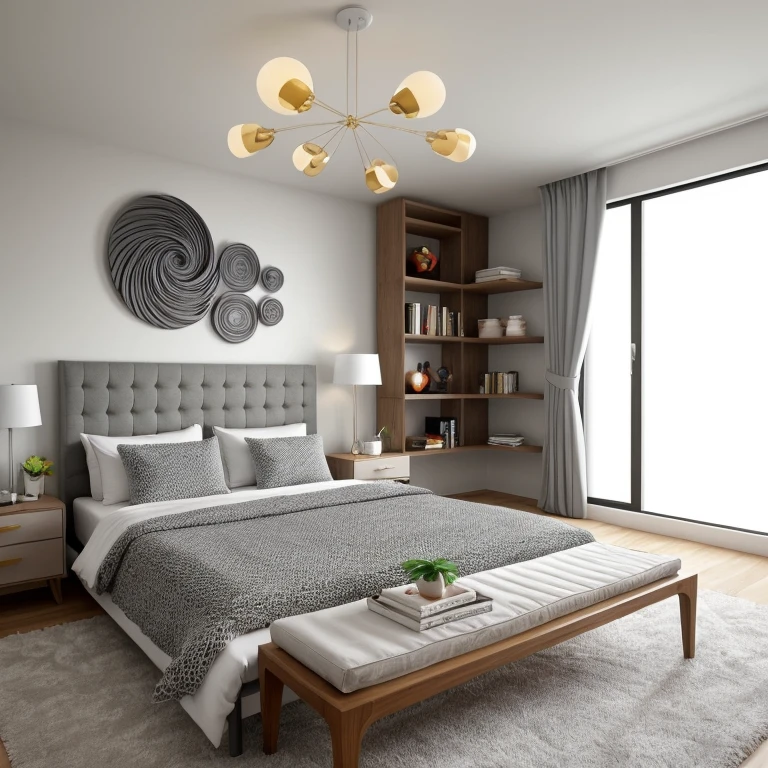 A minimalist bedroom rendered practically in white and gray tones. Room with a bed with colored bedding white and gray, headboard, a bedside table with lamps, modern chandelier, an abstract artwork on the wall, a bench at the end of the bed with decorations, light gray curtains on the window, shelves and a carpet with a wavy pattern. Ánh sáng dịu nhẹ chiếu vào phòng.
