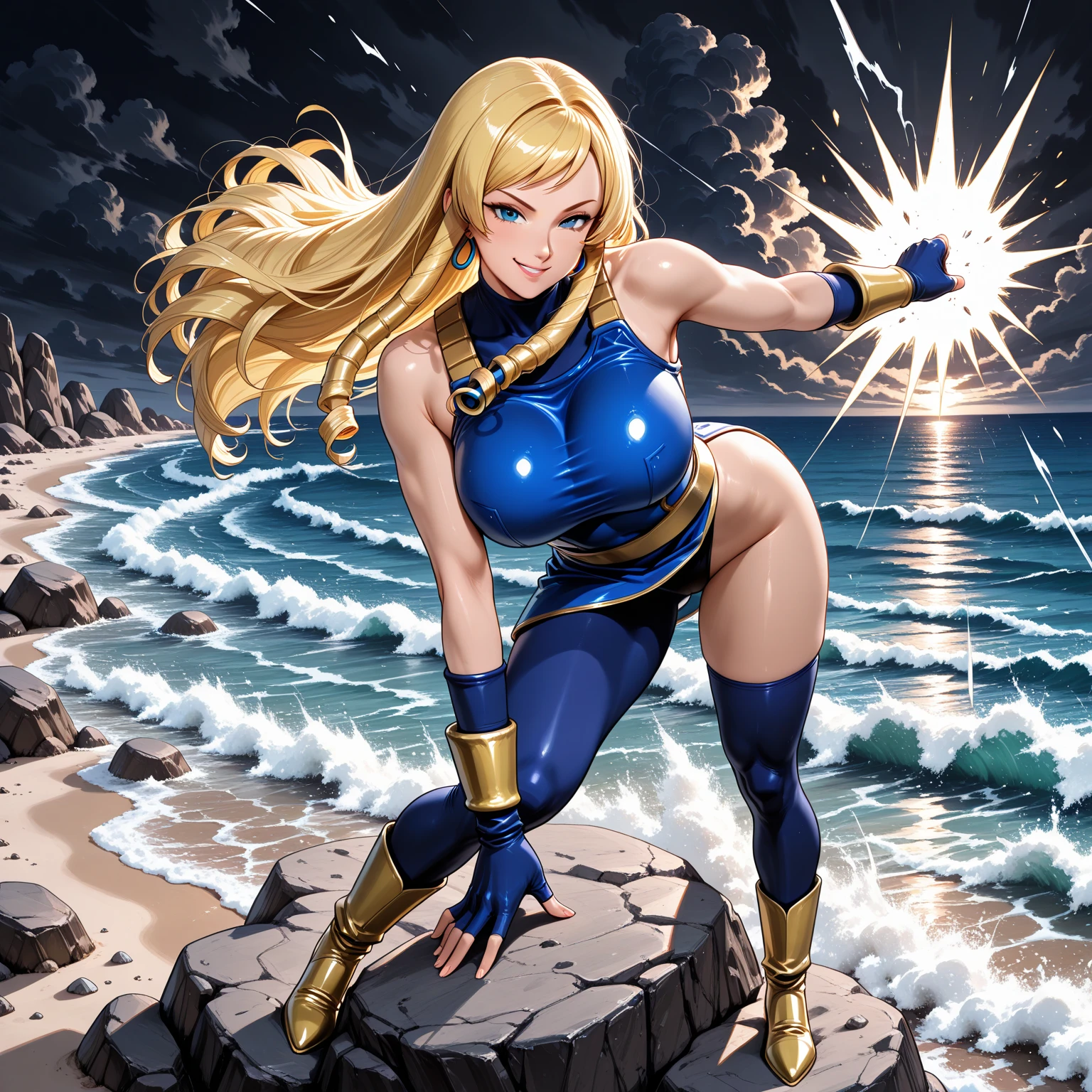 a woman(DBZ Android 18) with blonde hair wearing a sexy bikini, intense gaze, channeling power, surfing a big wave, highly detailed, hyper realistic, 8k, photorealistic, masterpiece, dramatic lighting, vibrant colors, dynamic composition, intricate details, cinematic, epic scale, powerful energy, dragon ball z inspired (show her entire body, show all of her)