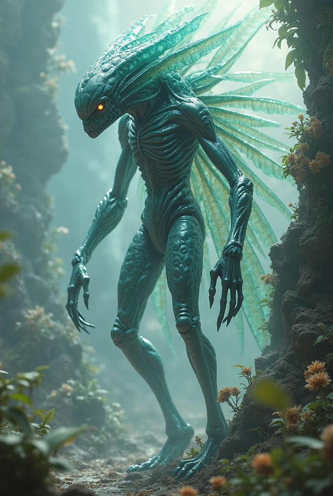 (medium full shot) of (fantastical hybrid creature) with bioluminescent blue skin, fungal growths on the body, vine-like appendages, alien crest, insect wings, luminescent eyes, bioluminescent flora, in set in  a harsh wasteland, where the scorched earth supports only the hardiest of plants, their gnarled forms testament to the unforgiving climate , at night, Masterpiece,best quality, photo, realistic, very aesthetic, detailed face,