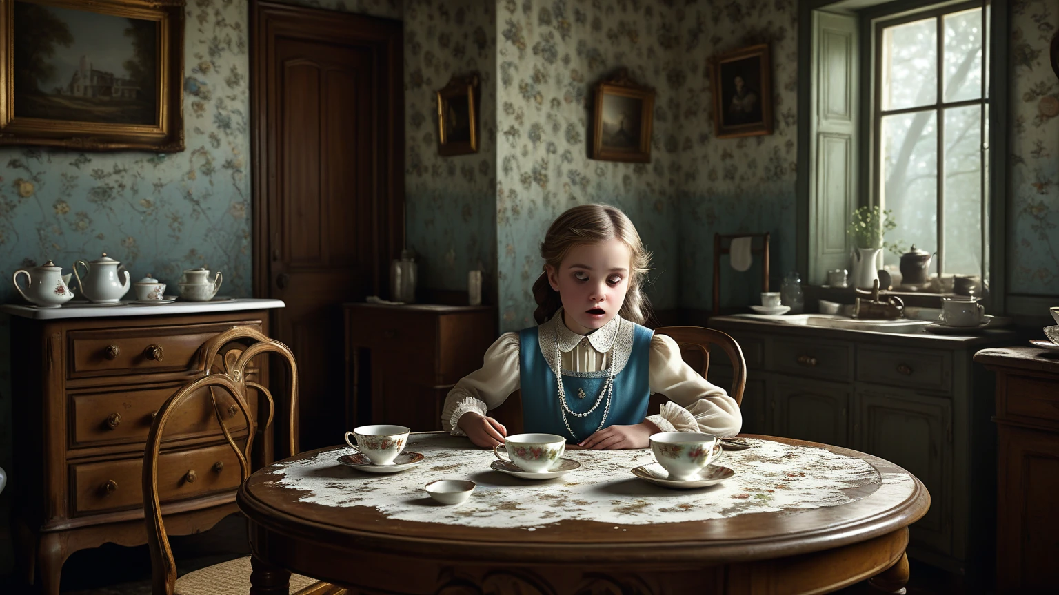 girl sitting at the table, there are tears in big blue eyes, there is a glass of cloudy tea on the table, there is a crust of bread, the window in the background is covered with newspaper tapes crosswise, war, Leningrad blockade, famine, blockade soldering