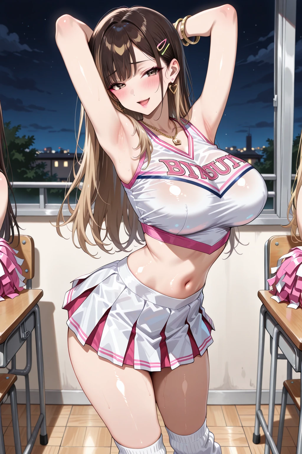 Erotic Anime Illustration、Anime Style、highest quality、A voluptuous idol performing on stage at a school festival、Shibuya Rin、Perfect proportions、Thigh-high boots、Street fashion、A big smile、Sex Appeal、Clear eyes、Very large breasts、Fatty legs、Erect nipples、Sweaty、Spread your legs、Showing off her vagina to seduce、Cowboy Shot