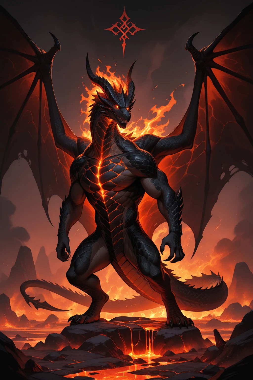 Dragons of Hell，There are lava cracks on the body，Hands are composed of golden lava. Hands are composed of netherrack.，Devil Wings，Golden pupils，Black pupil,4K，muscular，Scales，Nipple Rings