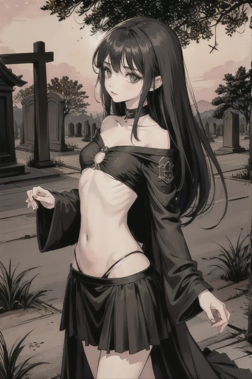 Susana,cabelo curto,bolsas sob os olhos,pale skin,Boca ondulada,delineador preto,olhos pretos,(olho direito meio fechado,olho esquerdo aberto),
corpo inteiro, mamilos definidos, melhor qualidade, NSFW, virilha definida, Defined intimate parts, virilha bonita, ((naked)), ((NFSTW))punhos de pulso,fita de cabelo preto,
Standing,tronco,
cemetery,noite,nublado,
(incrivelmente detalhado, lindo rosto detalhado, obra de arte, melhor qualidade),Sozinho,