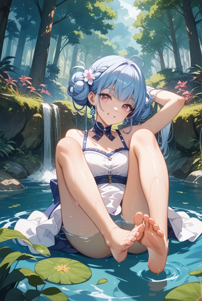 Blonde woman in purple bikini posing by the water during the day, Lie down、On your stomach、sitted、are standing......realistic shadow perfect body, realistic bikini, photorealistic perfect body, [ 4 K digital art ]!!, sfv, Smooth anime CG art，She is very white and good-looking，Like a school flower