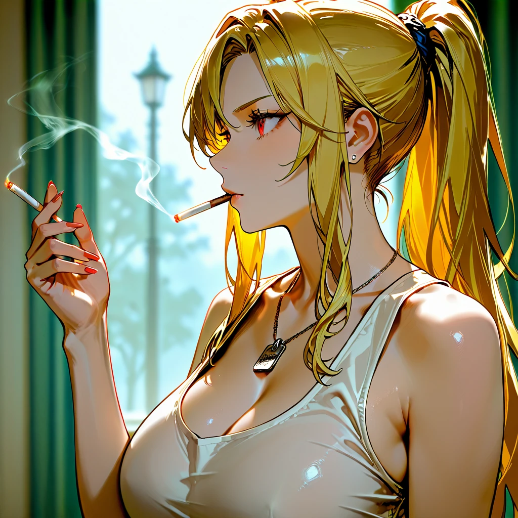 masterpiece, highest quality, One girl, cigarette, Take the train,
Yellow high ponytail、 Blue eyes