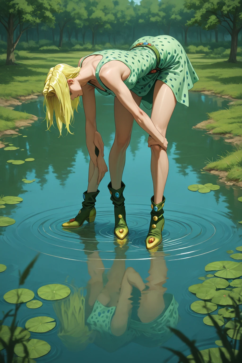 a girl is sitting on the lake, green hair, green skin, singing a sad melody, looking to the left, day, a wooden boat on the horizon