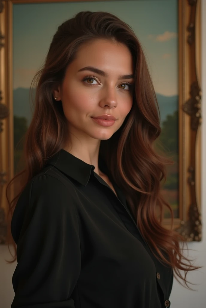 A woman with long brown hair and a black blouse is posing in front of a ...