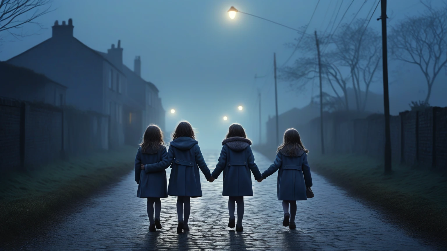 Halloween night in 1968, two little girls walking in the night