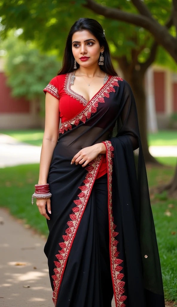 A beautiful girl whose age is 29 years, who is very beautiful to look at, is wearing a black colored saree, has applied red colored lipstick on her cheeks. She is standing in front of her husband in her bedroom, all dressed up, her body is very beautiful and attractive.