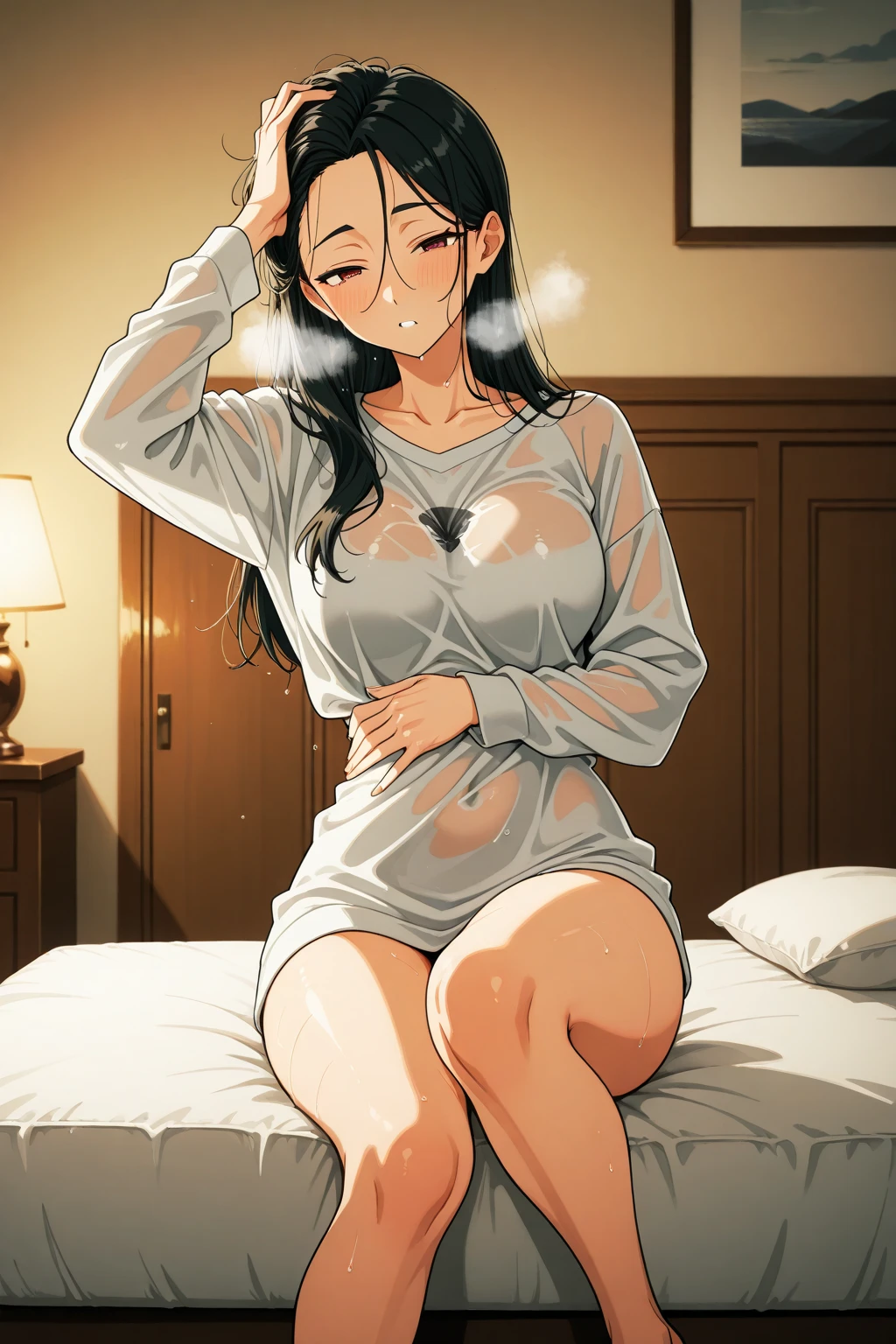 Beautiful woman laying down on bed, wearing two piece pajama set, perky , no bra, midriff showing, bare legs, tight button pajama top, pink panty, tan skin, black hair, plump lips