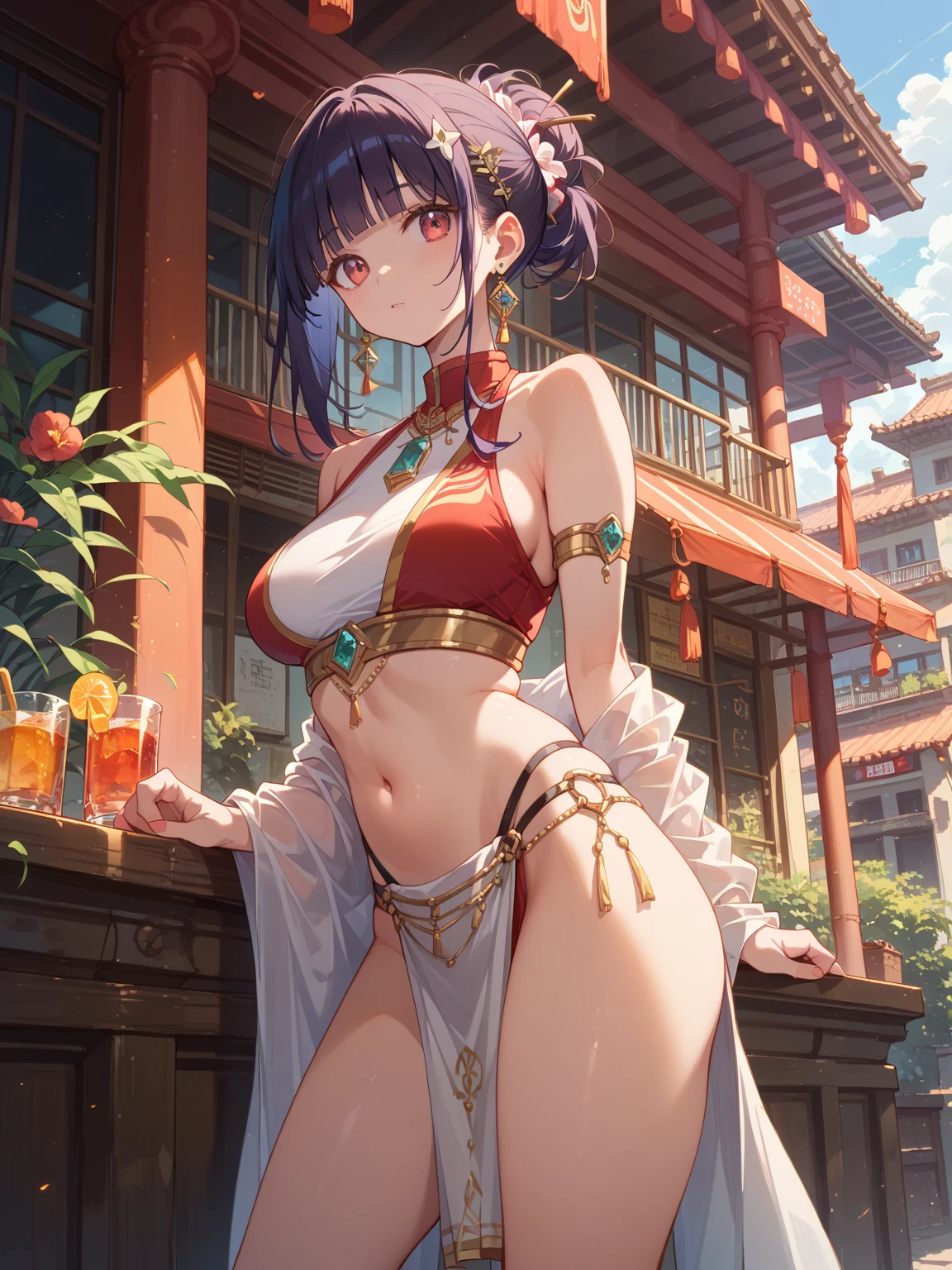 Best Quality, Masterpiece, High Resolution, 1 Girl, Full Body, Hair Accessory, Necklace, Jewelry, Beautiful Face, Physically, Tyndall Effect, Realism, Edge Lighting, Two-tone Lighting, (High Detail Skin: 1.2), 8K UHD, SLR, Soft Light, High Quality, Volume Light, Steal, Photo, High Resolution, 4K, 8K, Background Blur, Ancient Chinese Style, Wind and Moon Place, Light Gauze Clothing, Wine Table Front, Toast, Naked --auto --s2