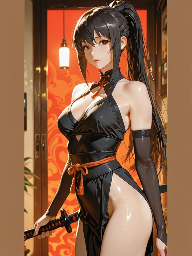 fox incarnation、Sexy Female Warrior、Japan Yokai、Sexy fox female warrior with a Japanese sword、Fox ears、A figure holding a beautiful sword
