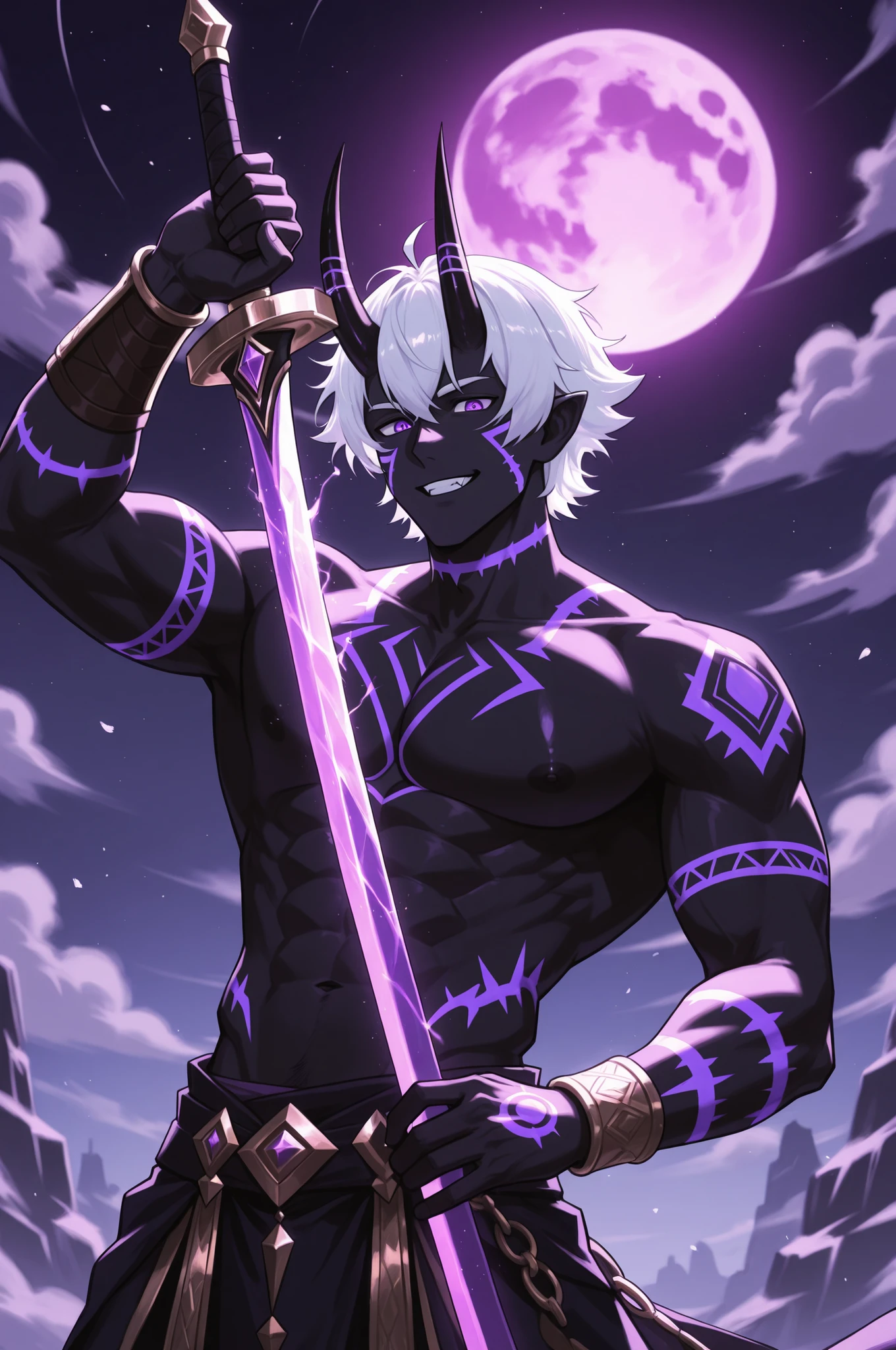 1boy,solo,flora_humanoid, male, black skin, short hair, neatly combed hair, white hair, purple eyes, tribal markings on his cheeks, luminescence,Large pectoral muscles,A huge purple moon,(The crooked horns of the devil-goat:1.5), Holding a sword in one's hand,fighting stance,dynamic,Half-body portrait,Waving a sharp sword,A mature face,The crooked horns of the devil