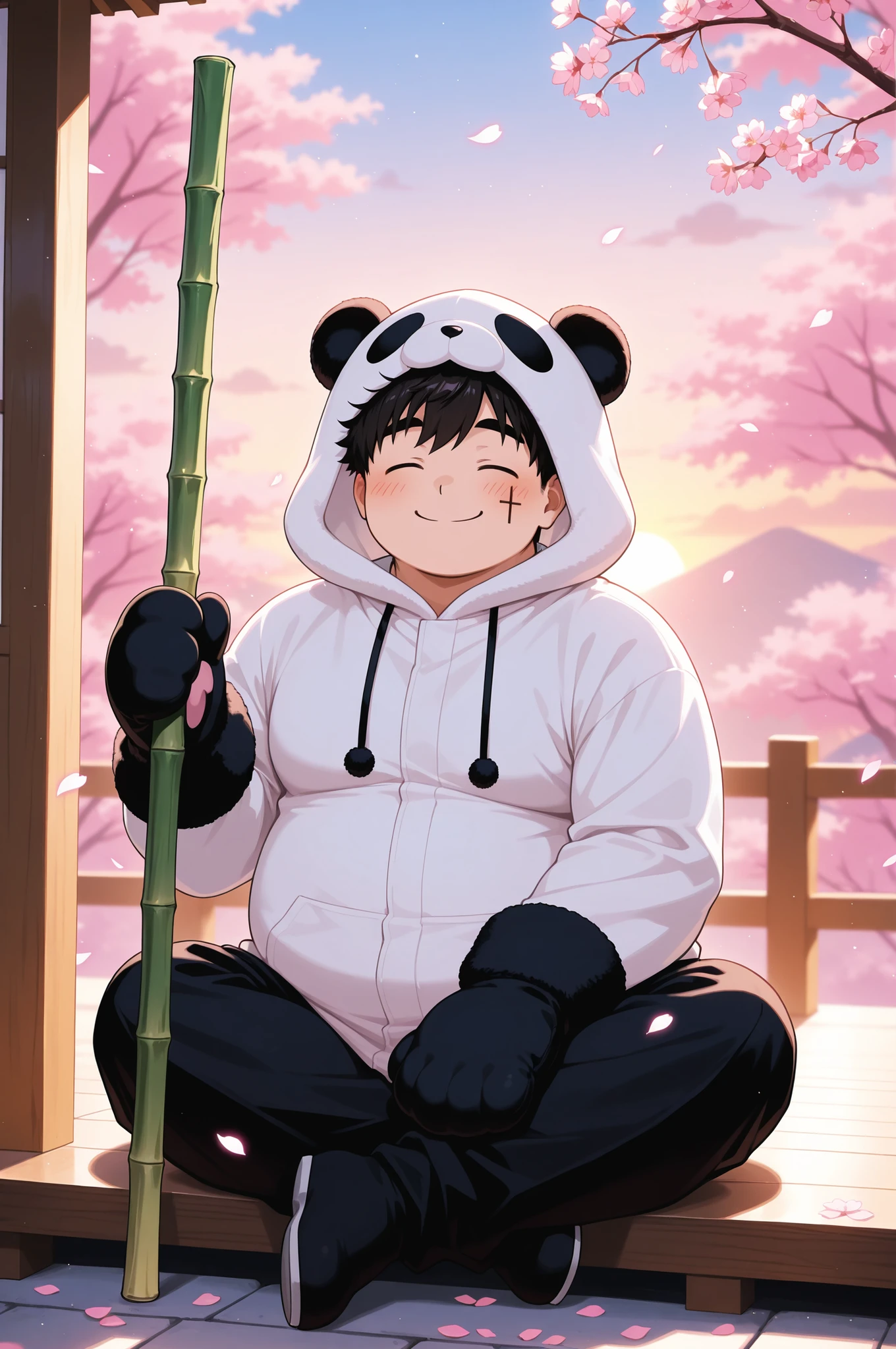ultra-detailed, vivid colors, absurdres, aesthetic, cinematic lighting, BREAK Adult, 1boy, chubby, wearing a fluffy panda kigurumi, round face, smiling warmly, sitting cross-legged on a wooden porch, cherry blossom petals falling, soft sunset glow, holding a bamboo staff, faint blush on cheeks, minimalist background with blurred pink trees, playful pose, oversized hood, paw-shaped mittens