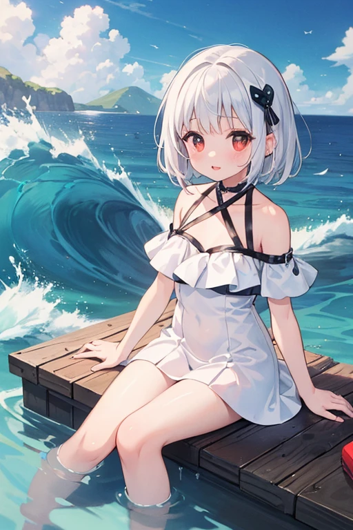 1girls, Soul Dreams(Touhou Project), 独奏, swimming suit, one-piece, small boobs,,, side-tie bikini bottom, Bikini, Blue eyes, Silver hair、short hair,, shyness, blushed, BEATCH