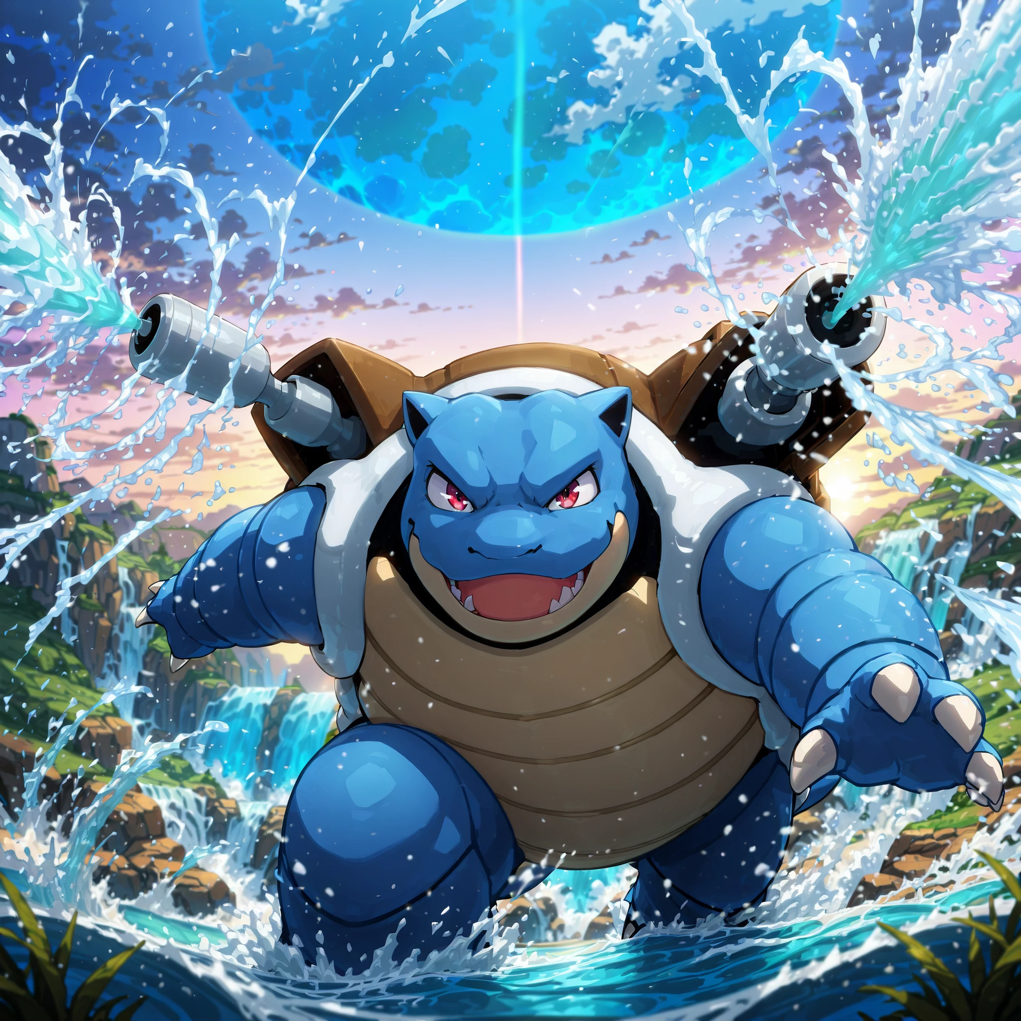 Cartoon masterpiece, movie quality, best quality, intricate detail, ultra detailed, vivid colors, cinematic, rear over the shoulder view of zzblastoise shooting jets of water towards a businessman with a watergun