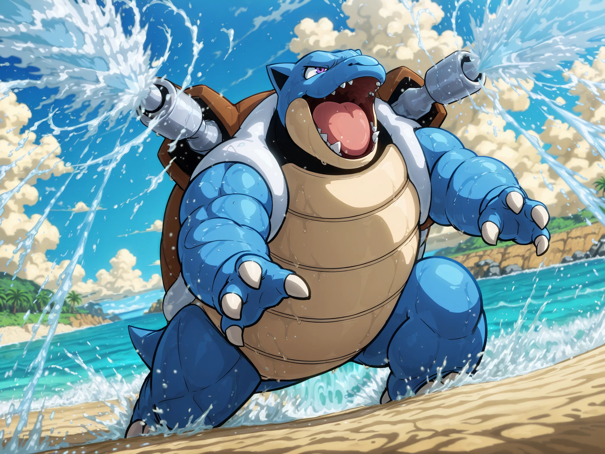 masterpiece, ultra-detailed, best quality dynamic action scene, female anime character, long flowing white hair with silver highlights, striking purple eyes, athletic build, hourglass figure, wearing stylish modern bikini, holding oversized super soaker water gun, exaggerated panicked expression, open mouth, running pose, wet skin glistening, massive zzblastoise, powerful muscular design, dark blue armored shell, intimidating presence, twin water cannons extended, high-pressure hydro pump attack, intense focused expression, water jets spraying powerfully, dynamic water effects, splashing droplets, motion blur on water streams, beachside setting, wet sand, scattered palm trees, summer afternoon lighting, ocean waves in background, water spray catching sunlight creating rainbow effects, dramatic cloud formations, cinematic rear three-quarter view angle, dynamic composition, motion blur effects, depth of field focus, professional lighting, water particle effects, sharp foreground details, animated movie quality rendering, vivid saturated colors, pixar meets anime art style, action scene lighting