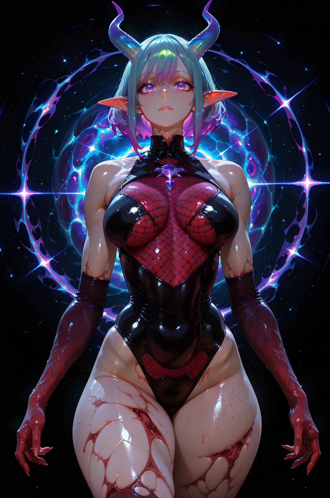 A Hyperrealistic, Ultra-detailed, Anatomically Perfect Image. 20 years, succubus, Piel brillante, ojos rojos luminosos:1.3), fondo del infierno purpura y rojo, (Piel palida:1.1), tiro del vaquero, piernas abiertas de par en par, tetona, caderas curvas, bragas de malla transparentes de pierna alta, lenceria de encaje negra sensual, provocador sexual, erotic pose, brazos por encima de la cabeza, rear view from behind, ((An extremely perfect and beautiful body, sexy cherry lips, pale body, extremely detailed)), Best quality score.